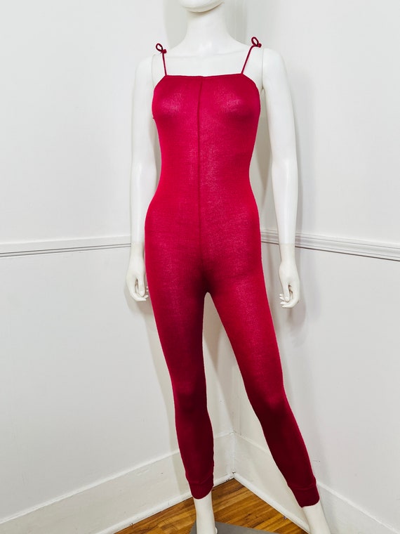 Small 1980s Vintage Raspberry Knit Unitard Dancew… - image 3