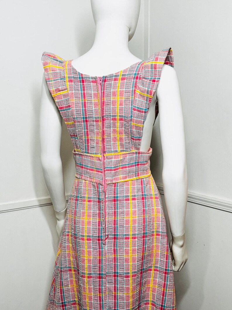 Vestido largo estilo pichi a cuadros rosa vintage de los años 70, talla pequeña a mediana imagen 8