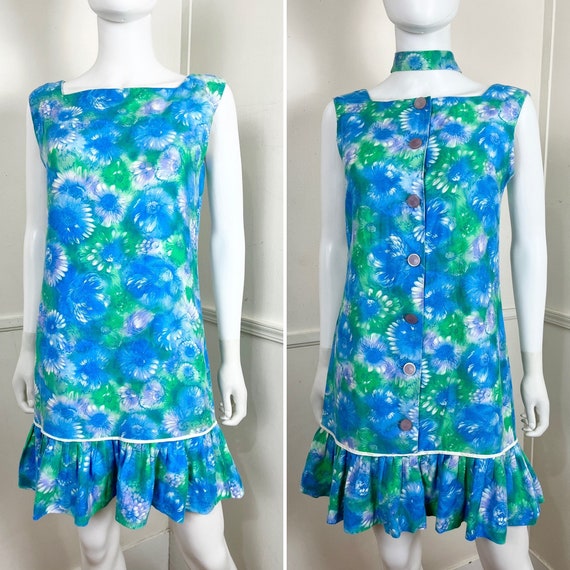 Medium 1960's Vintage Cotton Floral Mini Shift Dr… - image 1