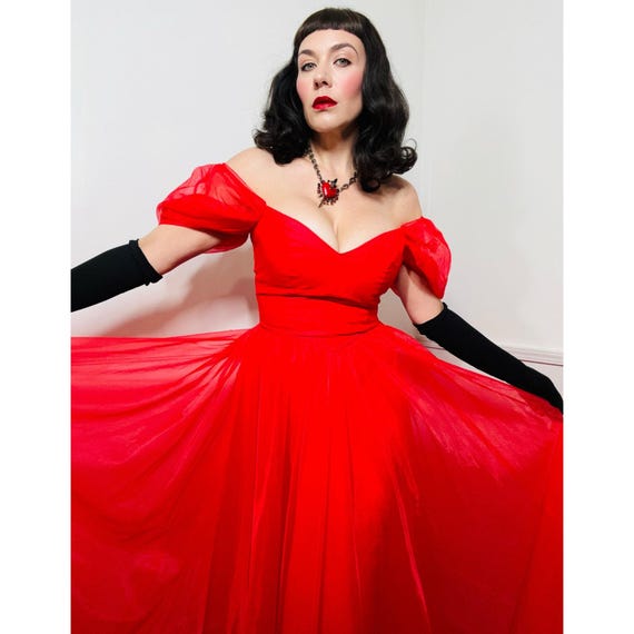 Medium 1980s Vintage Red Chiffon Puff Sleeve Princess Gown