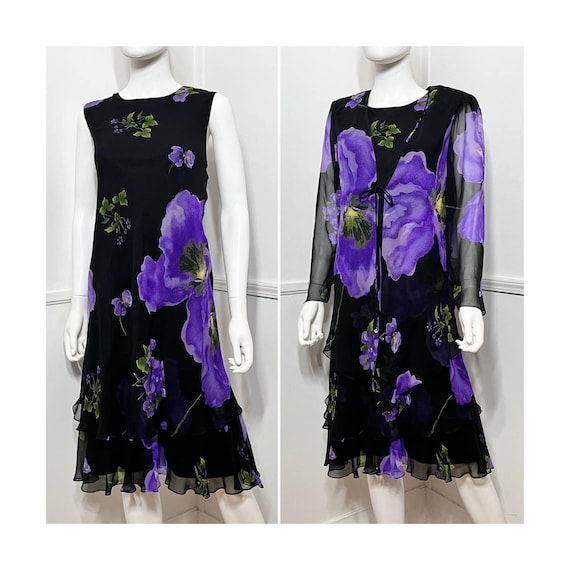 Medium to Large 1990s Vintage Black Silk Floral D… - image 1