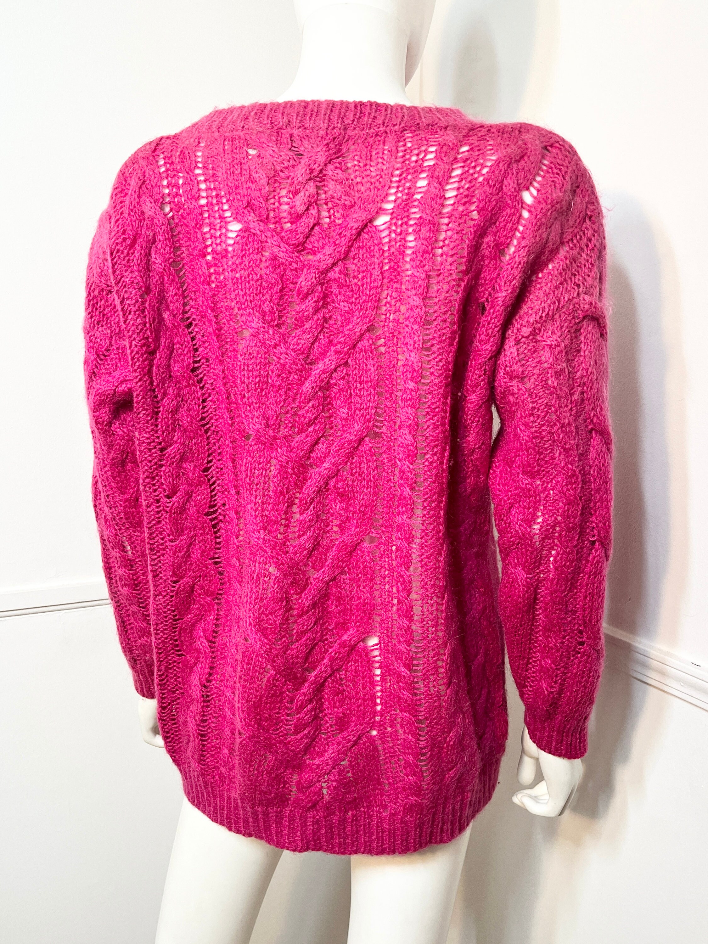 Curvy Large - 1980s Vintage Fuchsia Mohair Blend Cable Knit