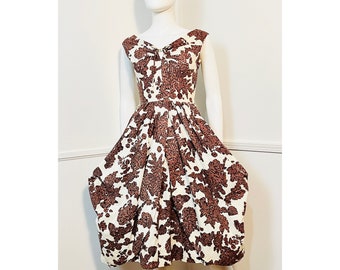 Extra Small 24 Waist 1950s Vintage White and Brown Cotton Floral Dress by Pat Hartly Original