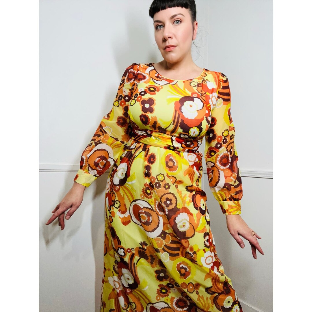 VINTAGE 60s 70s PURPLE YELLOW BROWN PSYCHEDELIC FLORAL SLEEVELESS MAXI DRESS 14 main image 0