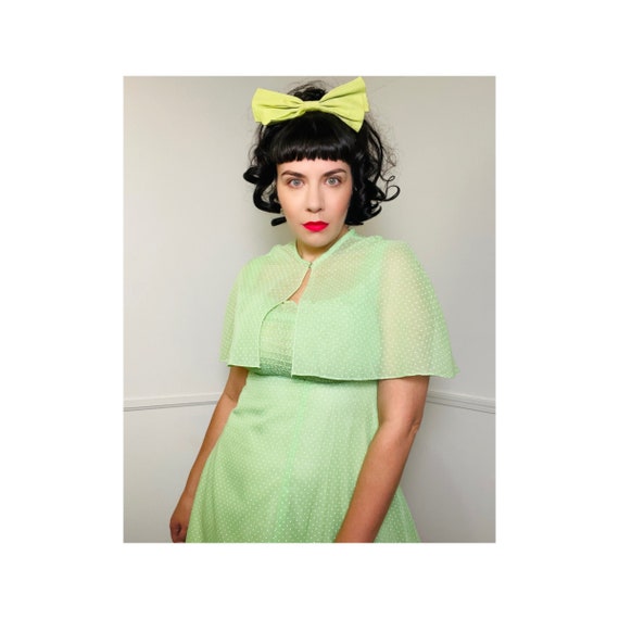 Small 1970s Vintage Lime Green Polka Dot Maxi Dress with Capelet