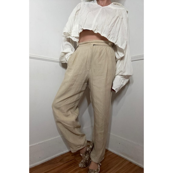 1990s Vintage Tan Linen Trousers by Laura Ashley