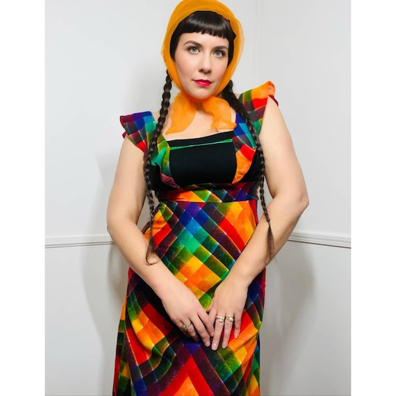 Small 1970s Vintage Geometric Rainbow Maxi Dress