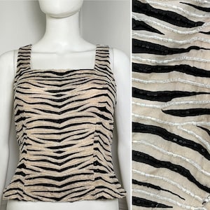 Medium 1990's Vintage Silk Beaded Zebra Print Top by Caché NWT