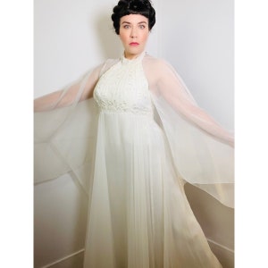 Small 1970s Vintage White Beaded Halter Gown with Attached Cape Train by House of Bianchi image 3