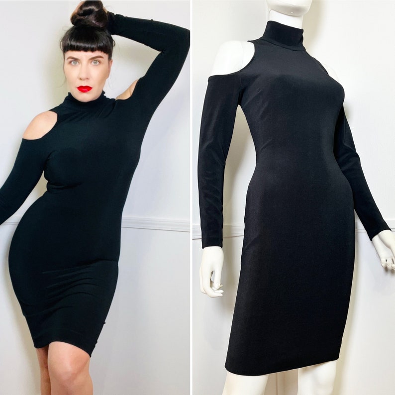 Curvy- Large to Extra Large  | 1990s Vintage Black Cold Shoulder Body Con Dress by Expo Nite