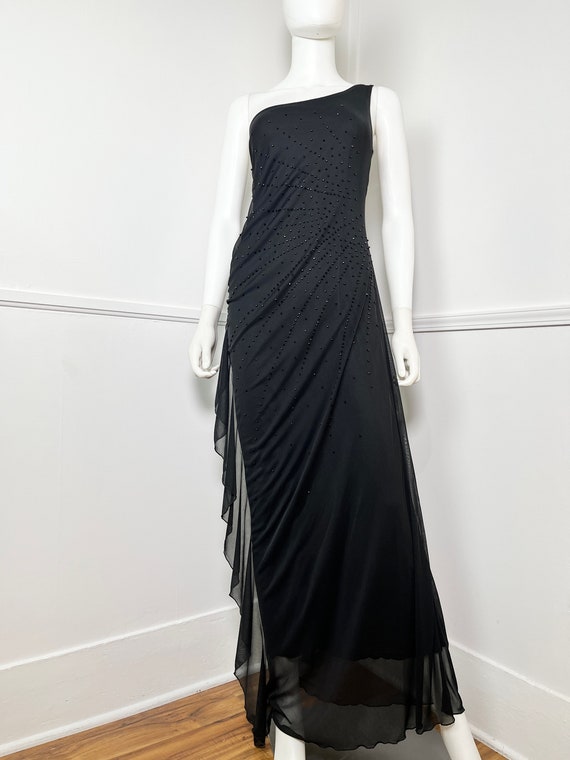 Large Y2K Vintage Black Beaded One Shoulder Gown … - image 3