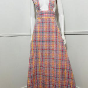Vestido largo estilo pichi a cuadros rosa vintage de los años 70, talla pequeña a mediana imagen 3