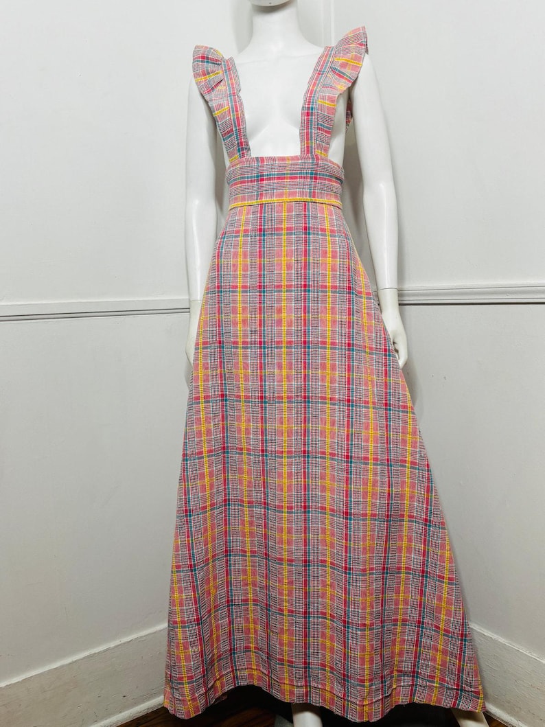 Vestido largo estilo pichi a cuadros rosa vintage de los años 70, talla pequeña a mediana imagen 3