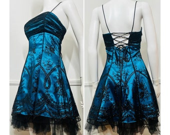 Small Y2K Vintage Peacock Blue and Black Glitter Mini Dress by Morgan & Co