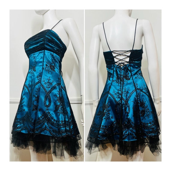 Small Y2K Vintage Peacock Blue and Black Glitter … - image 1