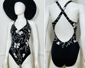 Medium to Large Size 14 1980s Vintage Black and White Bow Print One Piece Swimsuit by Bill Blass