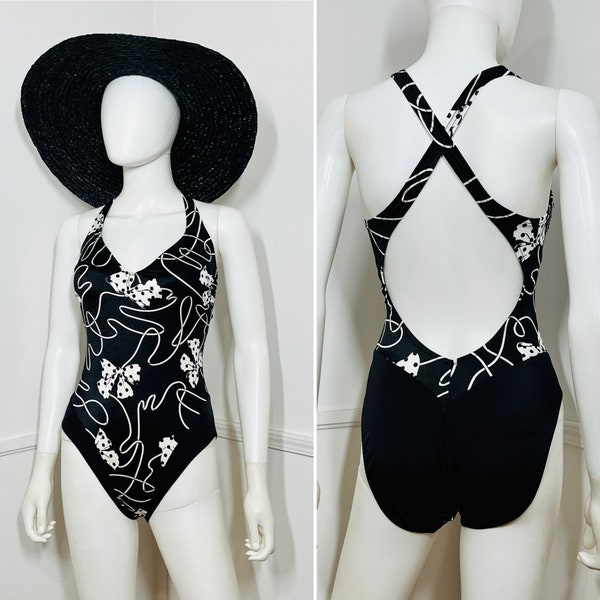 Medium to Large Size 14 1980s Vintage Black and White Bow Print One Piece Swimsuit by Bill Blass