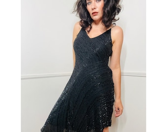 Small 1990&#39;s Vintage Black Beaded Silk Slip Dress