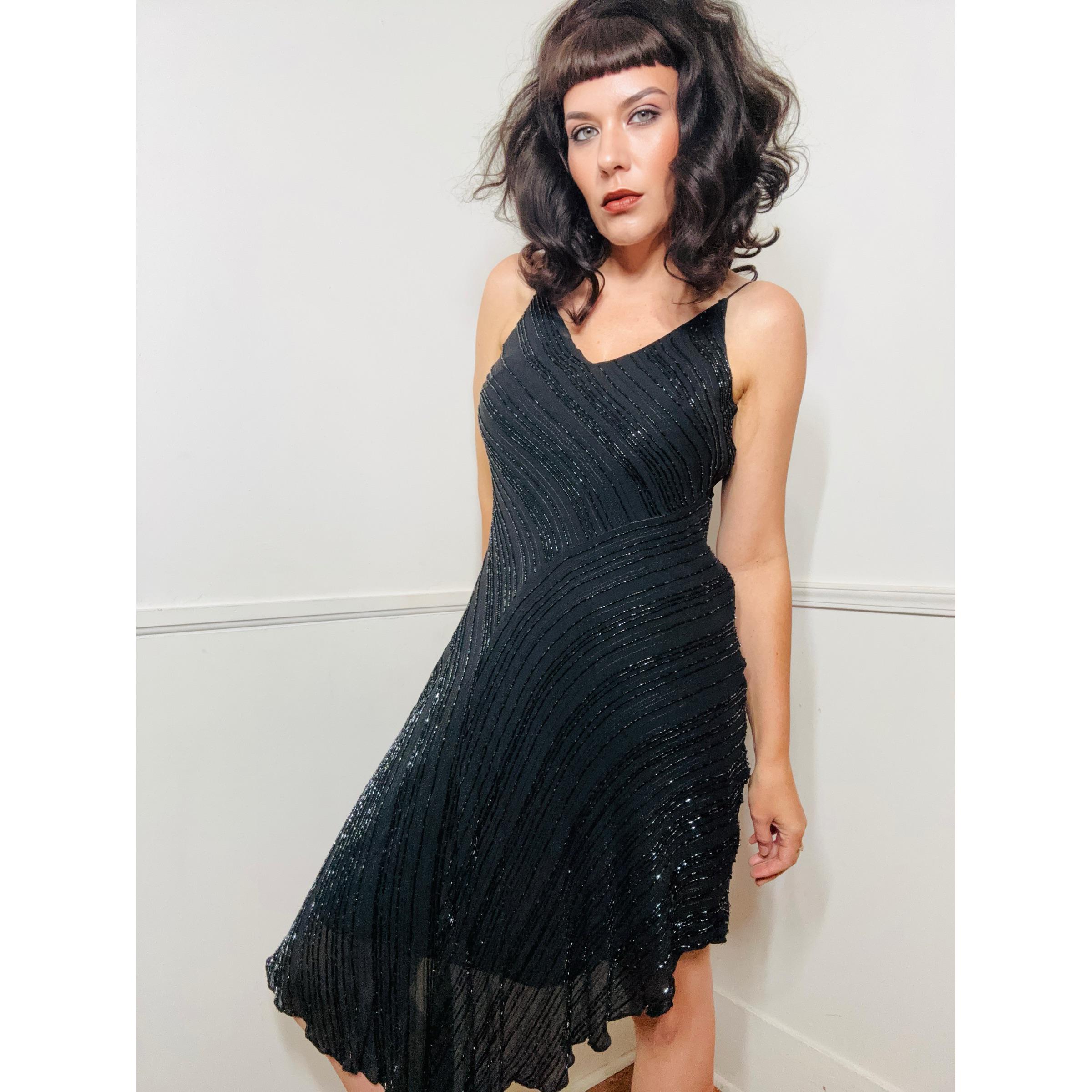 Small 1990's Vintage Black Beaded Silk Slip Dress Small 1990's Vintage Black Beaded Silk Slip Dress
