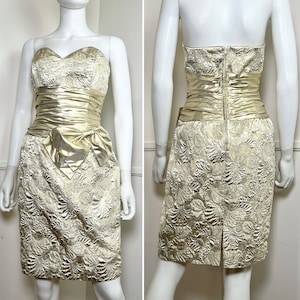 Medium Size 12 1980&#39;s Vintage Gold Brocade Strapless Mini Dress by A.J Bari