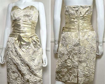 Vestido mini sin tirantes con brocado dorado vintage de los años 80, talla mediana 12, de A.J Bari