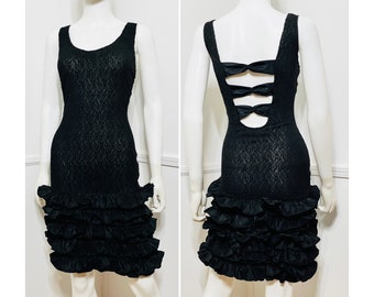 Large 1980s Vintage Black Illusion Lace and Ruffle Body Con Dress