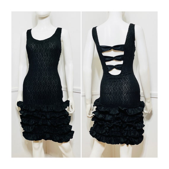Large 1980s Vintage Black Illusion Lace and Ruffl… - image 1