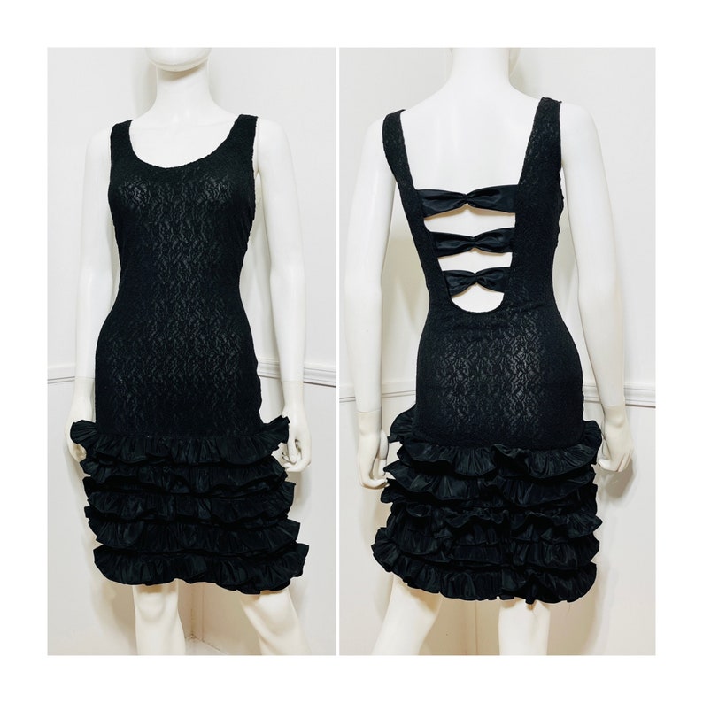 Large 1980s Vintage Black Illusion Lace and Ruffle Body Con Dress image 1