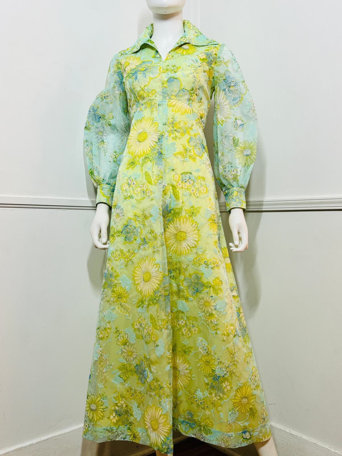 Medium 1970s Vintage Blue and Yellow Flocked Floral Maxi Dress