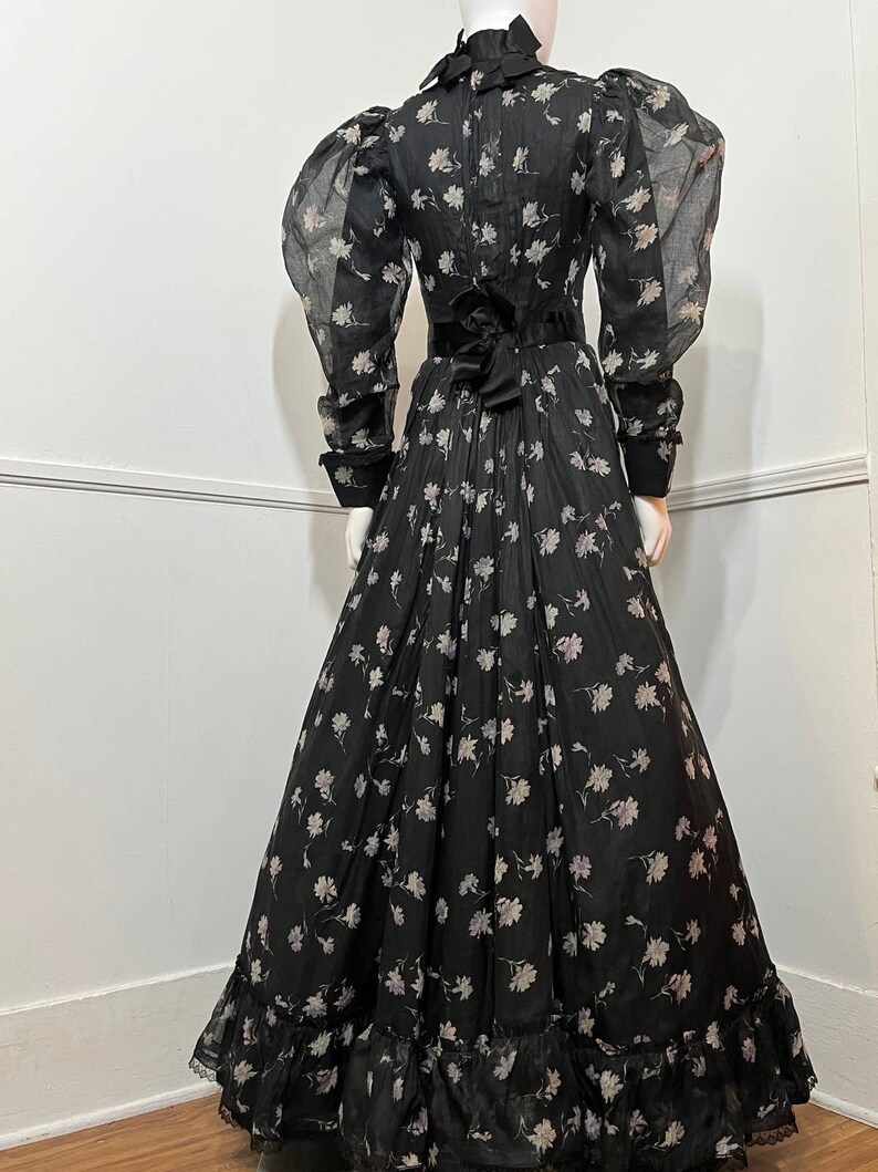 Extra Small 1900s Antique RARE Black Floral Cotton Gown image 6