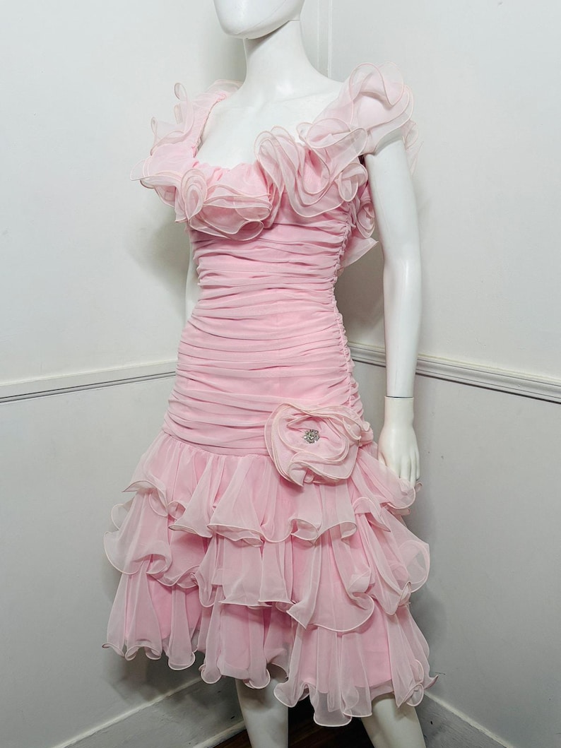 1980s Vintage Ballet Pink Chiffon Ruffle Dress image 3