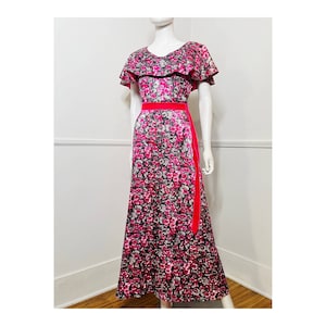 Large 1970s Vintage Pink and Gray Floral Maxi Dress