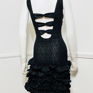 Large 1980s Vintage Black Illusion Lace and Ruffle Body Con Dress image 7