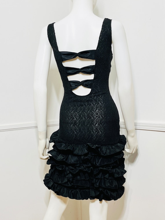 Large 1980s Vintage Black Illusion Lace and Ruffl… - image 7