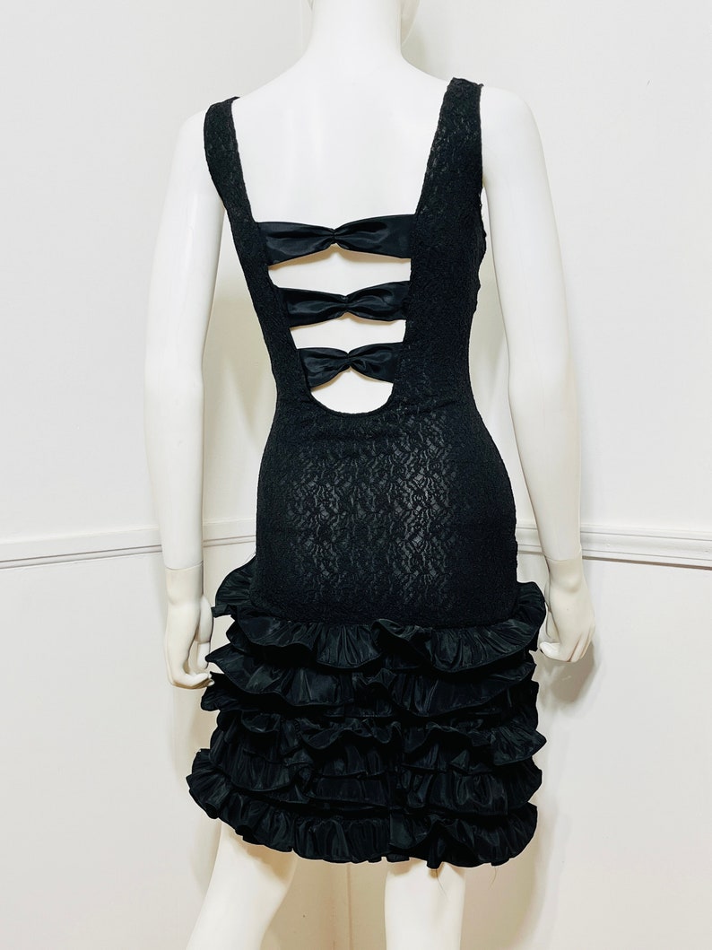 Large 1980s Vintage Black Illusion Lace and Ruffle Body Con Dress image 7