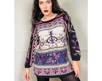 Suéter vintage morado con estampado floral de los años 90, de talla mediana a extragrande, de Jennifer & Company