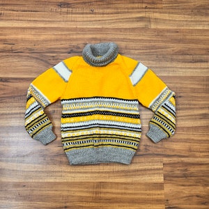 Toddler 3 to 4T 1980&#39;s Vintage HAND KNIT Yellow and Gray Striped Turtleneck Sweater