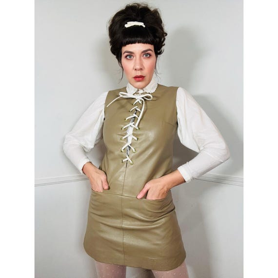 taupe leather dress Small to Medium 1960s Vintage Mini by Samuel Robert Aquanet