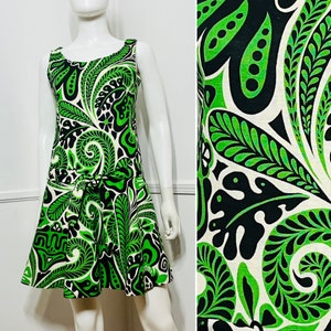Small 1960s Vintage Psychedelic Plant Print Linen Mini Dress