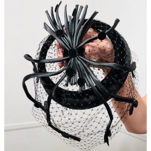 Vintage Something Special Fascinator Pleated Mesh HEADBAND Hat Bow Beaded Black s-l400.jpg main image 3