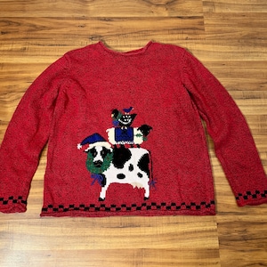 Medium 1990s Y2K Vintage Red Novelty Holiday Sweater by Northern Isles