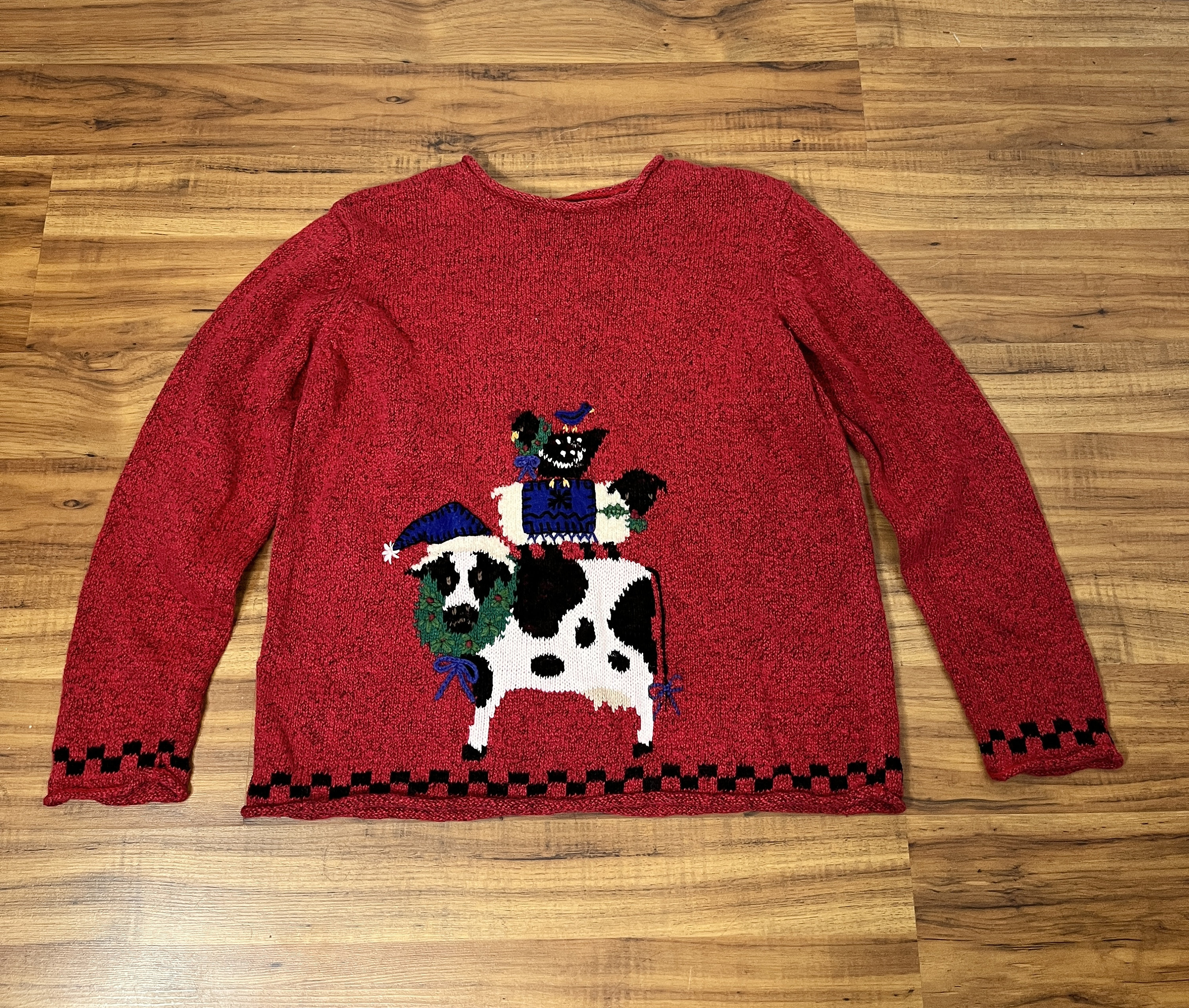 Medium 1990s Y2K Vintage Red Novelty Holiday Sweater by Northern
