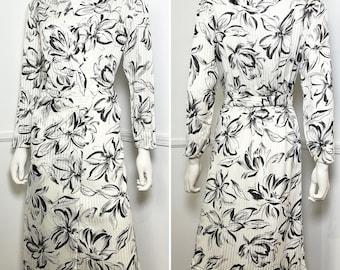 Large 1980s Vintage Black and White Striped Floral Wrap Shirtdress by LA Way