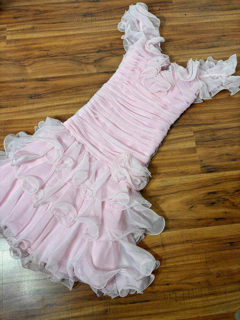 1980s Vintage Ballet Pink Chiffon Ruffle Dress image 2