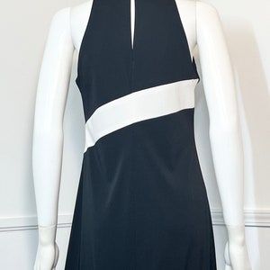 May include: A black sleeveless dress with a white stripe across the chest. The dress has a halter neckline and a back zipper.