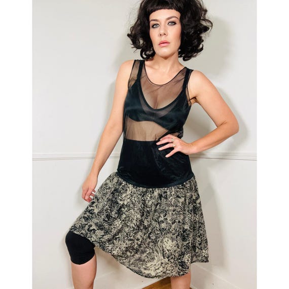 Large 1980s Vintage Sheer Black Floral Slip Dress