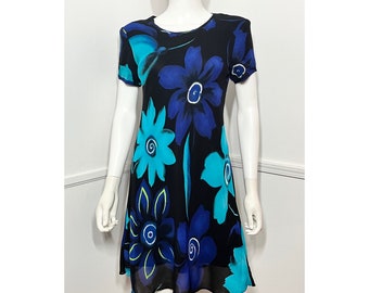 Small Size 6 1990s Vintage Black and Blue Floral Mini Dress by Jeffrey & Dara