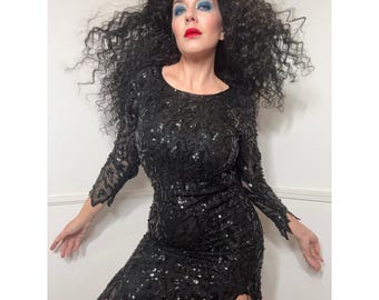 Small 1980s Vintage Black Silk Sequined Dress