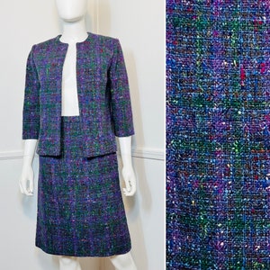 Small to Medium Mid-Century Vintage Blue Rainbow Tweed Skirt Suit by Forstmann