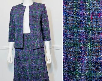 S-Mid-Century Vintage Blauer Regenbogen Tweed Rock Anzug von Forstmann